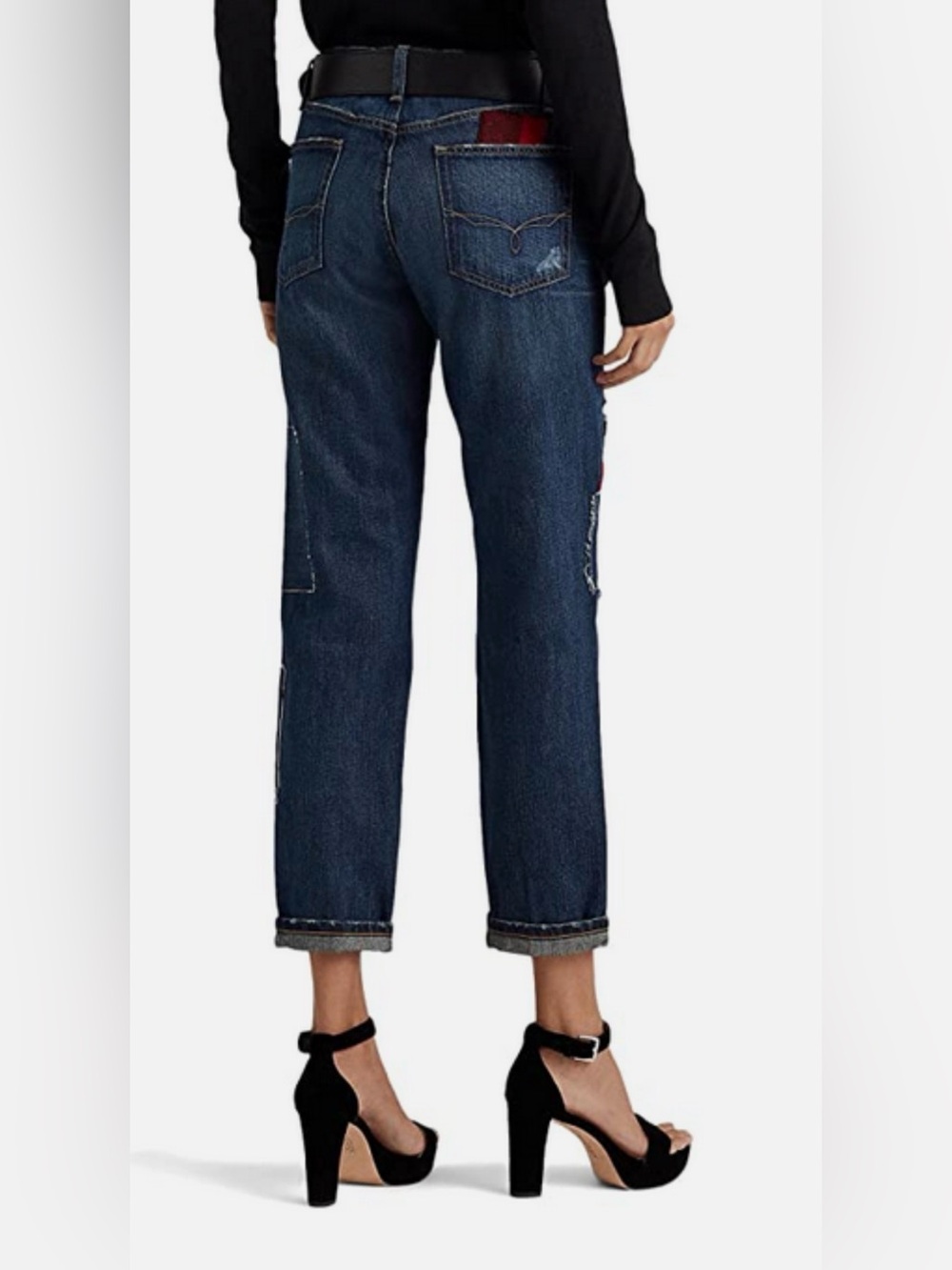 Lauren Ralph Lauren Patchwork Blue Jeans 10 Patch Lace Plaid Tapered Ankle Y2K - Picture 2 of 8